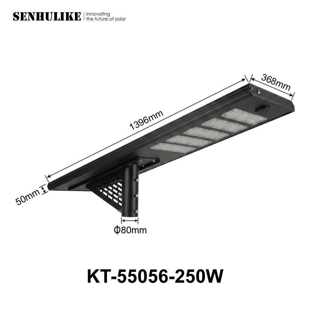 Black Integrated Solar Street Light 250W 5-Module LED 90W Solar Panel IP65, Aluminum Alloy Housing Built-in Lithium Battery Microwave Motion Detection