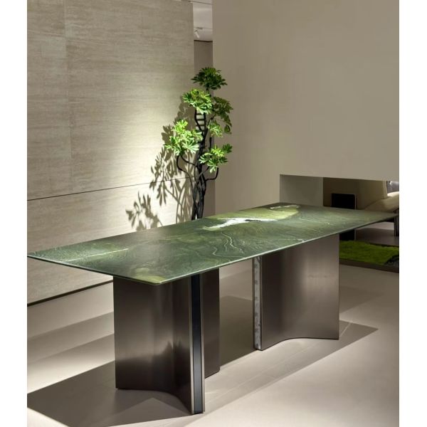 Brazilian Avocado Green Marble Long Dining Table - Elegant Modern Luxury Natural Stone Centerpiece