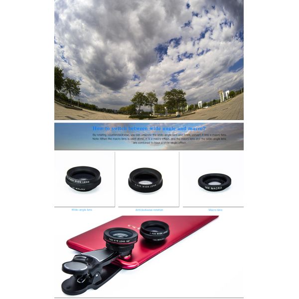 3 In 1 DSLR Camera Lens , Cell Phone Lens Macro Photo Camera Kit With Clip