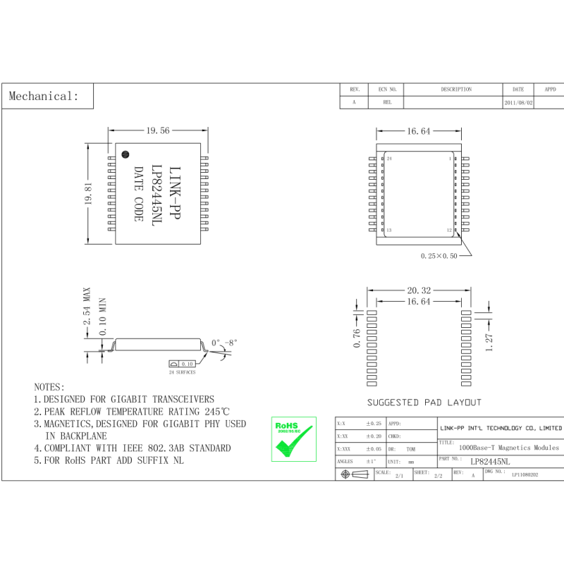 30F-30 Ethernet Magnetics LP82445NL 10 / 100 / 1000 BASE-T PC CARD LAN MAGNETIC