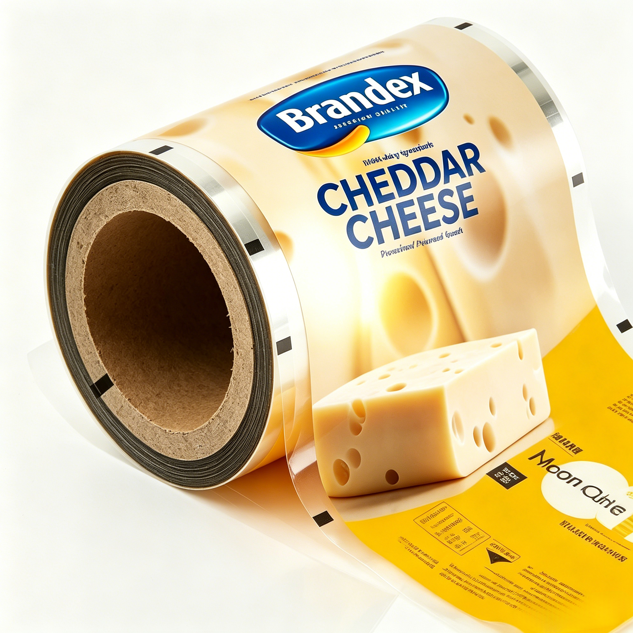 Food Grade Composite Packaging Roll Film For Cheddar Cheese Dairy Product | BOPP/VMPET/PE PET/AL/PE Barrier Laminated Automatic Packing Roll Stock For Yellow Hard Cheese OEM Custom Printed