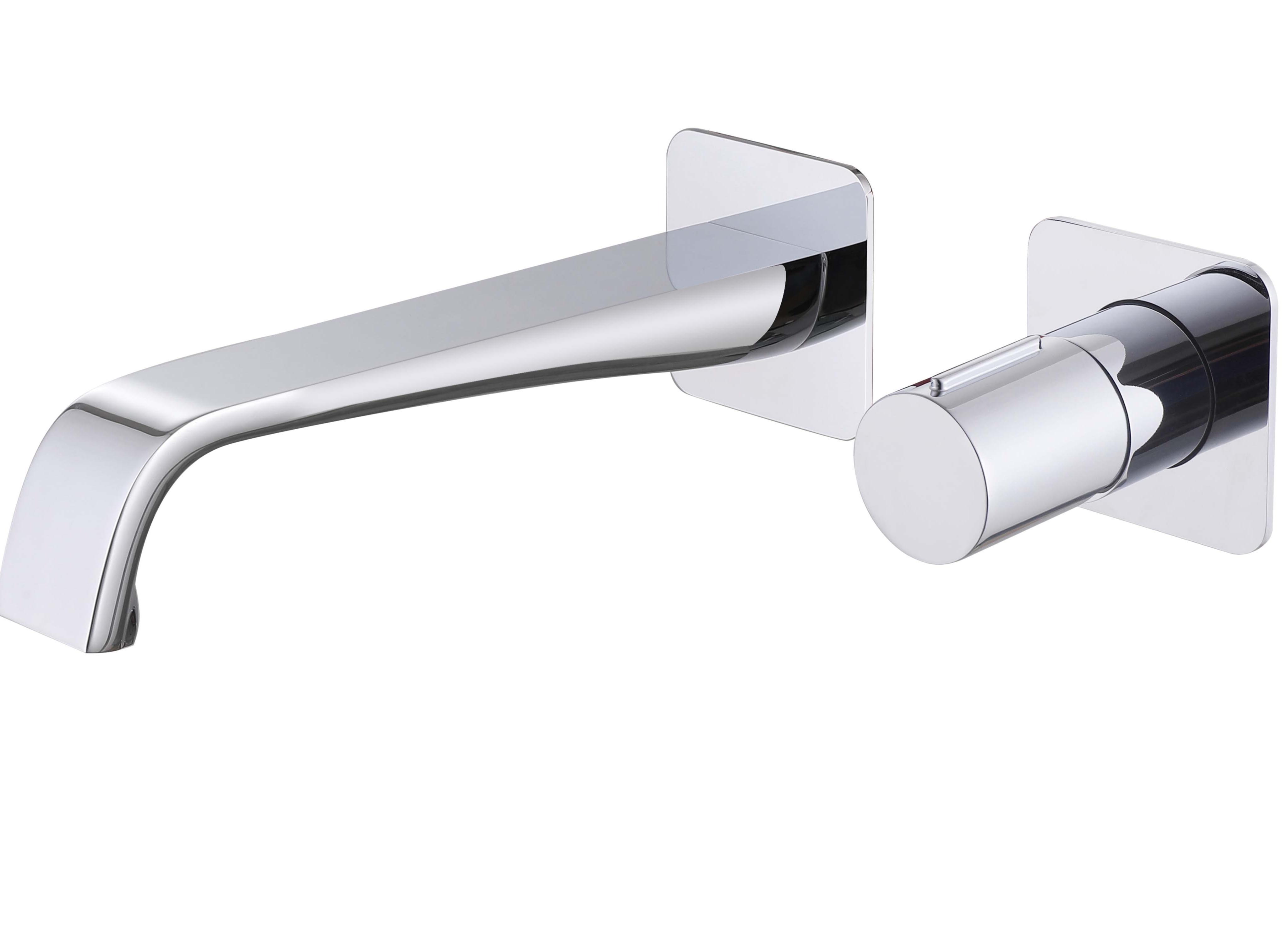 Elongated Spout Bathroom Faucet Taps Square Flat Escutcheon Concealed Wall Mount Polished Chrome