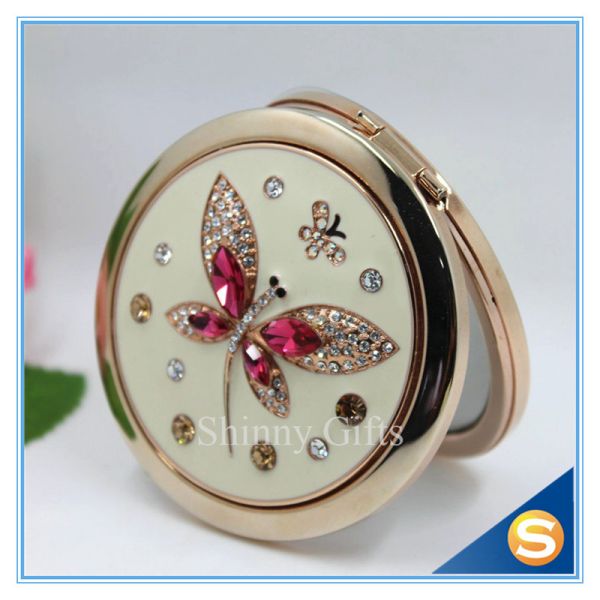 Shinny Gifts Butterfly Design Rhinestone Pocket Mirror Metal Handbag Mirror