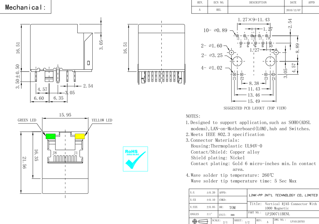 1840417-3 магнитные локальные сети прямоугольное RJ45 100Base-TX Rj45 LPJD0711BENL