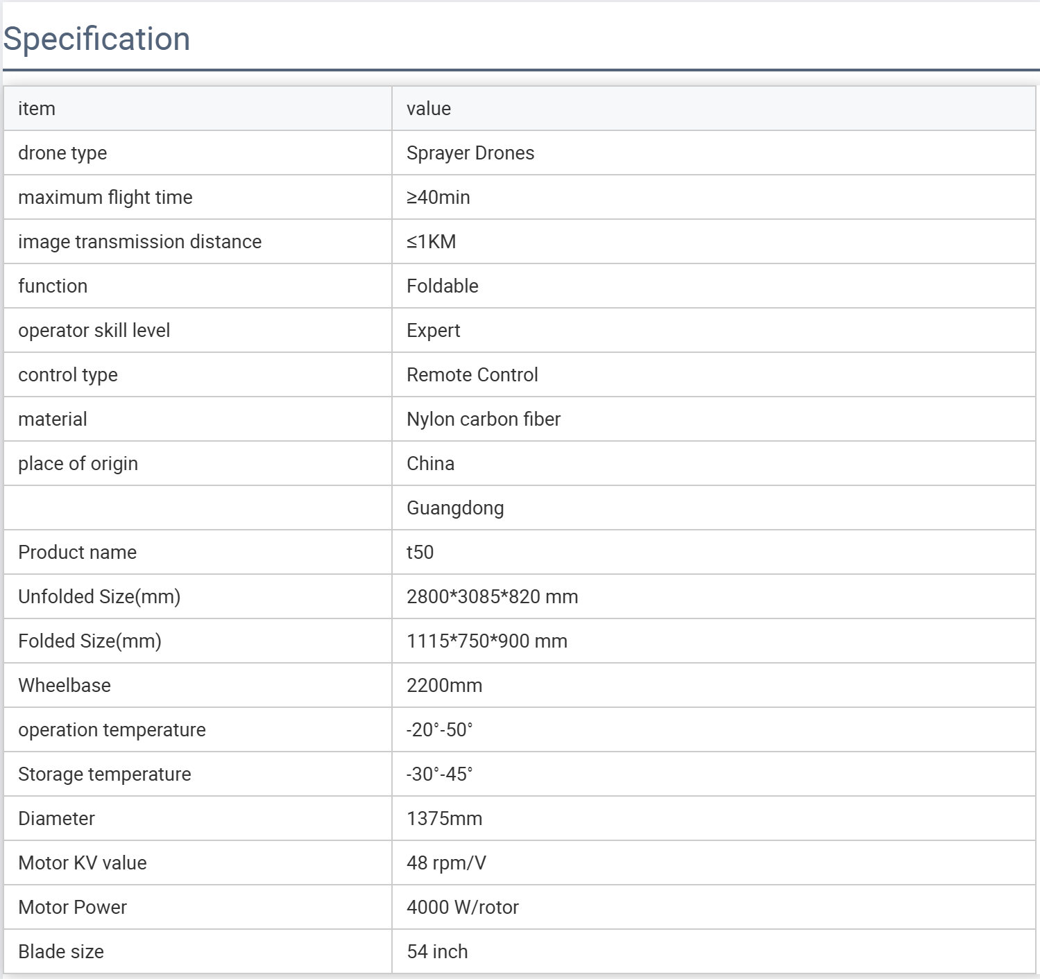 Agras T50 54 Inch Blade Agriculture Drone With 4000 W/rotor Motor 2200mm Wheelbase