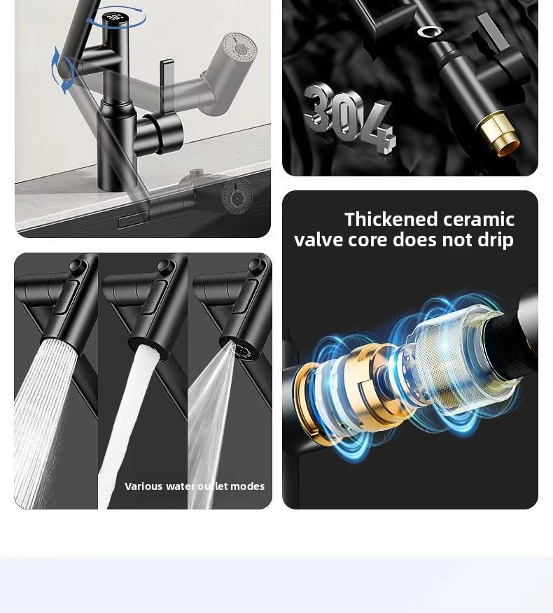 Modern 304 stainless steel single-hole installation kitchen and bathroom faucet, cold and hot dual-purpose ceramic basin faucet, electric faucet