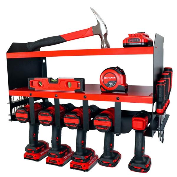 Carbon Steel 3 Tiers Power Tool Organizer With 5 Slots Drill Holder Wall Mount Heavy Duty Metal Tool Shelf