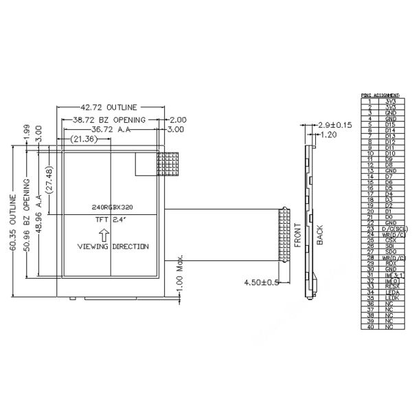 2,4-дюймовый ЖК-дисплей TFT с разрешением 40 контактов MCU/RGB/SPI Интерфейс 1000cd/M2