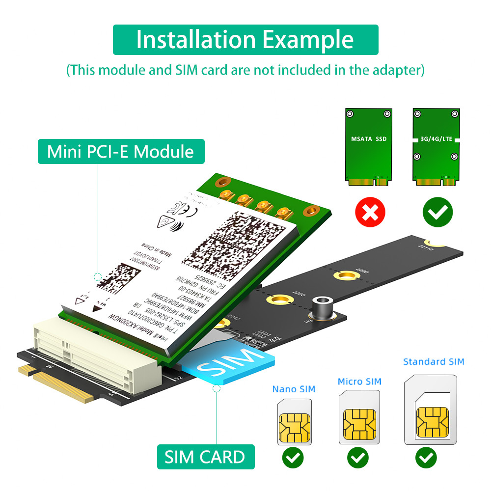 3G 4G 5G GSM LTE WIFI Модуль Mini PCIe Беспроводная сетевая карта SIM на NGFF M.2 Ключ M Адаптер карты сокета mPCIe Слот конвертирует NVMe