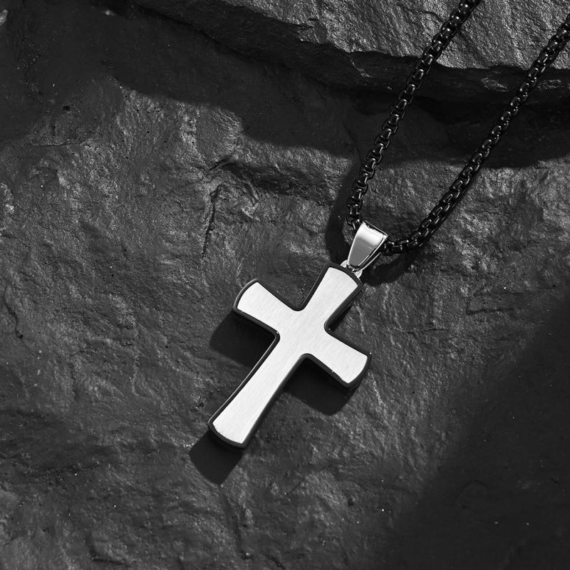 Simple Style Satin Cross Pendant Stainless Steel Necklaces Blue and Rose Gold Metal Prayer Choker for Men