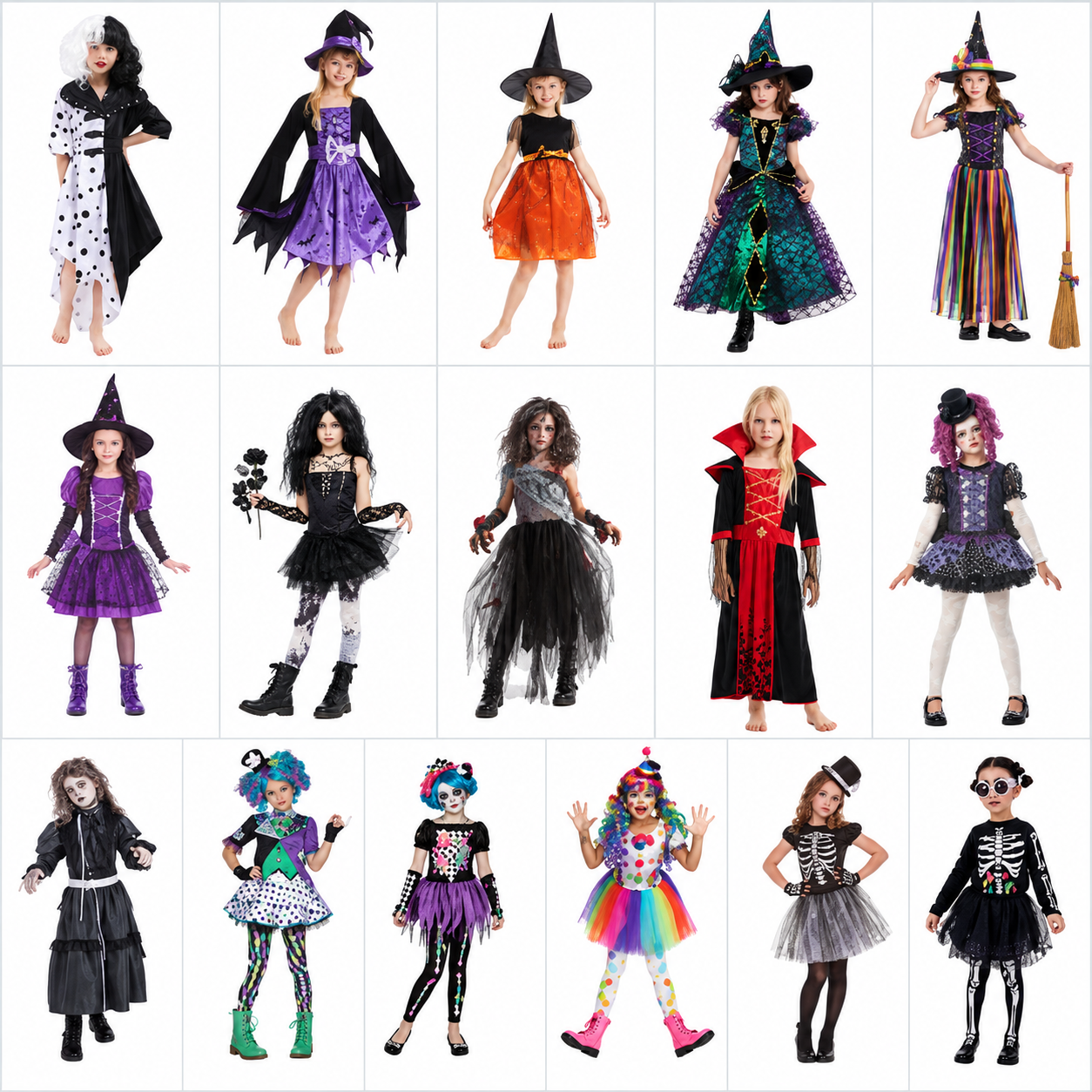 Wholesale Girls Halloween Costumes Kids Witch Vampire Gothic Skeleton Clown Zombie Fancy Dress Cosplay Party Outfits Children Spooky Costume Sets OEM ODM Manufacturer Supplier Patygr