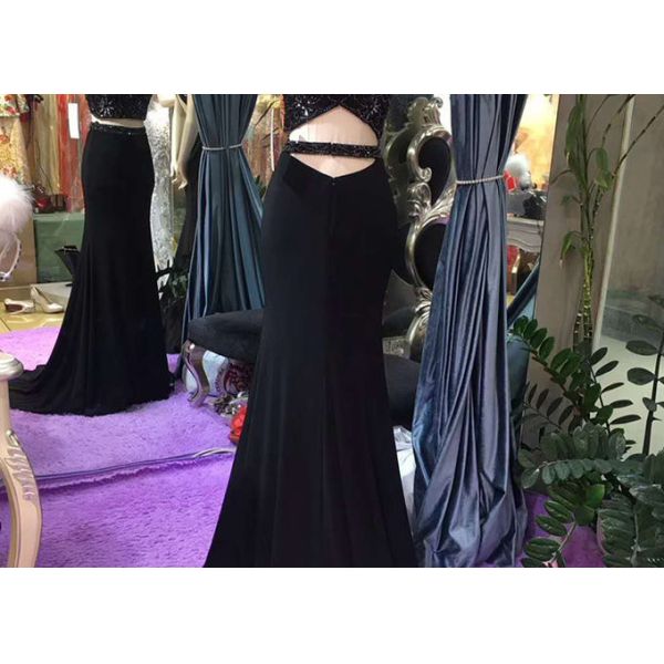 Black 2 Piece Mermaid Style Prom Dress Short Sleeve Invisible Zipper Fishtail