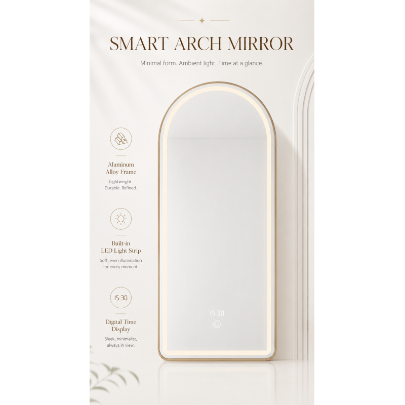 Kingstin Arch Smart LED Bathroom Vanity Mirror with Time Display 3 Colors Dimmable Aluminum Gold Frame Backlit Wall Mounted