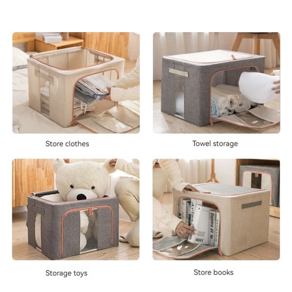 66L Large Capacity Folding Cotton Linen Household Quilt Clothing Collapsible Dustproof Cover Storage Box Organizer