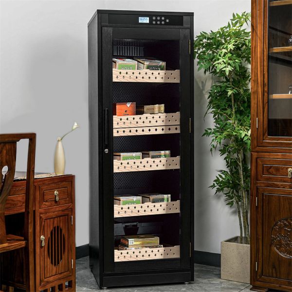 Luxurious Multi-Tiered Black Solid Wood Cigar Cooler Humidifier