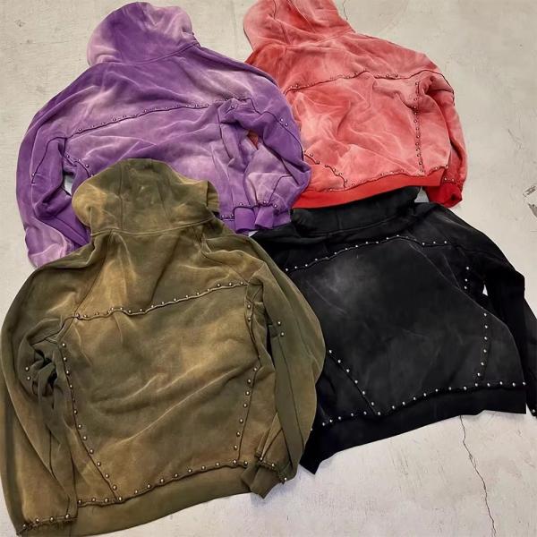 500gm preto de strass fechado com fechadura Homens Capuz Grande Outono Capuzado Capuz Sol Desbotado Ácido Lavar olhar