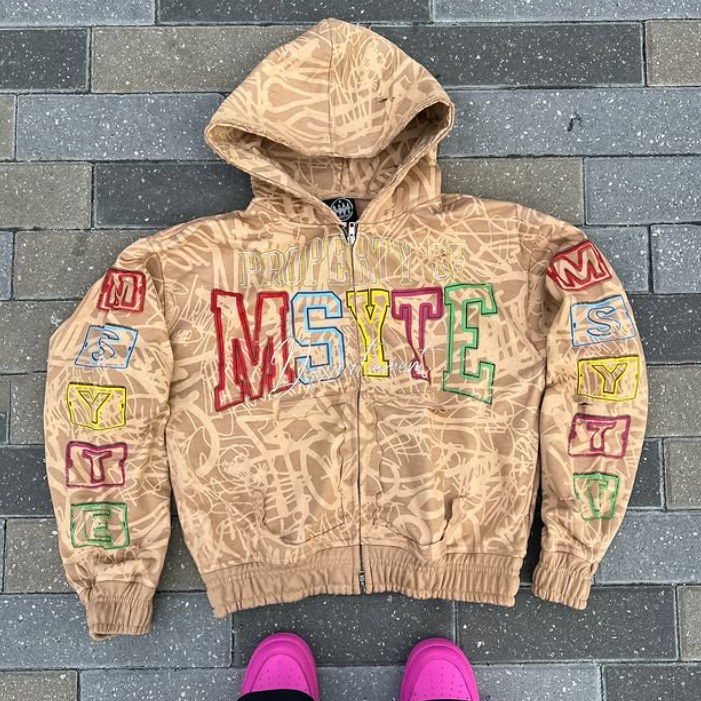 Custom Logo Heavyweight 100% Cotton All Over Print Zipper Hoodies Acid Washed Vintage Distressed Boxy Zip Up Hoodies for Men