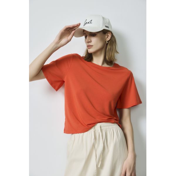 Custom Brand Basic Crop Tops Orange Red Crew Neck Cropped Tee With Pants