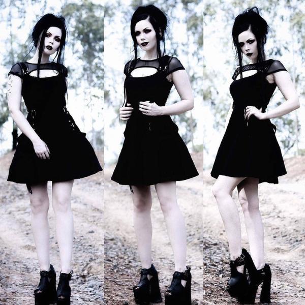 European and American modern punk style dark black sexy mesh stitching perspective hollow dress