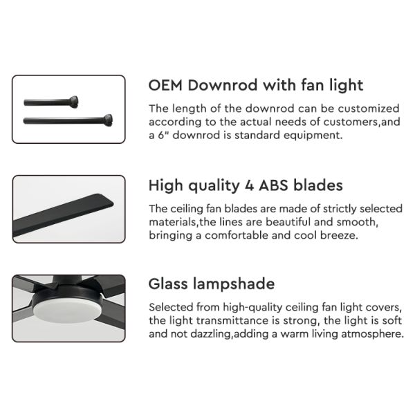 1stshine LED Ventilador de teto 5 velocidades 4 lâminas Suporte Dimmer Iluminação LED