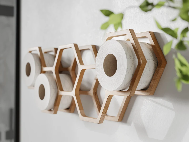 Home Furniture Wooden Honeycomb Wall Mount Toilet Paper Holder with Tissue Storage