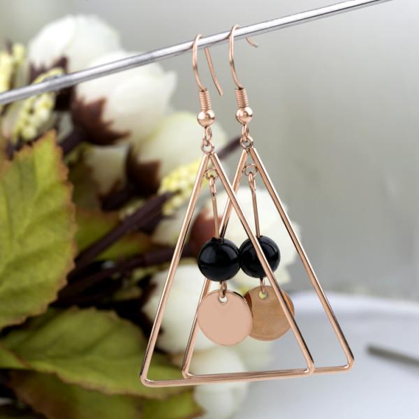 Black Agate Long Earrings, Triangle Design Staineless Steel Earring, 18K Gold Color Earring