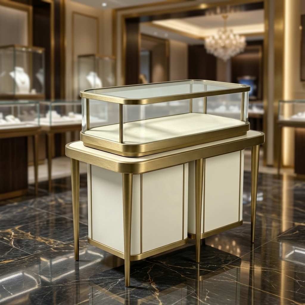 Modern Luxury Jewelry Display Case with Ultra-Clear Tempered Glass and Integrated LED Lighting for Lockable Island Display Cabinet