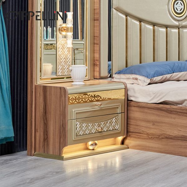 Luxury Gold Wood Double Leather King Size Bed Wooden Modern Home Full Bedroom Furniture Set