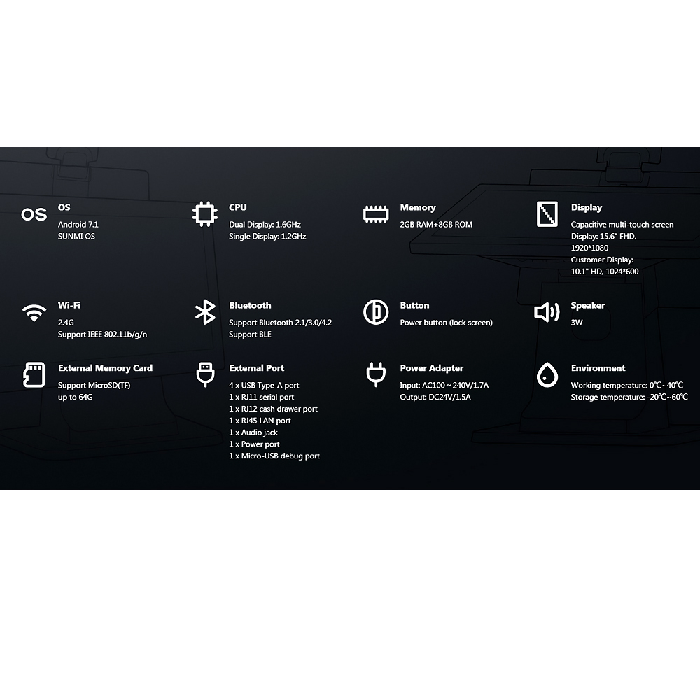 Терминал POS экрана касания кассового аппарата Sunmi D2s Lite