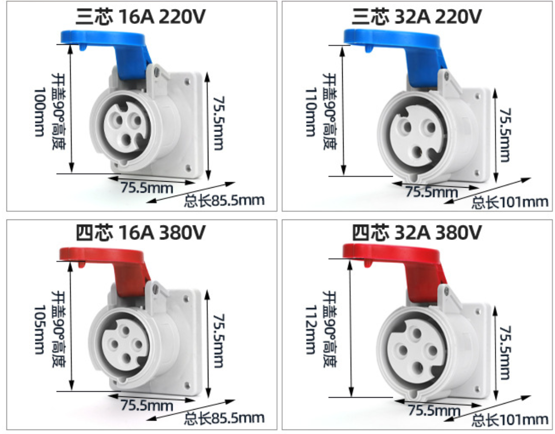 Industrial Plugs (16A/32A) & Flush-Mount Waterproof Industrial Sockets — 3-Phase 4-Wire / Aviation-Style (3-Pin, 4-Pin, 5-Pin)