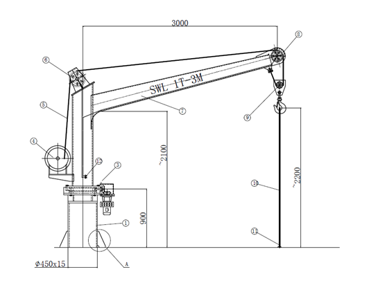 3T 5m Electric Fixed Boom Slewing Crane With Tower Ship Deck Equipment