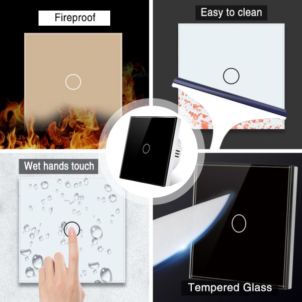 Single Live Wire Touch Light Switch Gold Tempered Glass Panel Smart Light Switch 60Hz