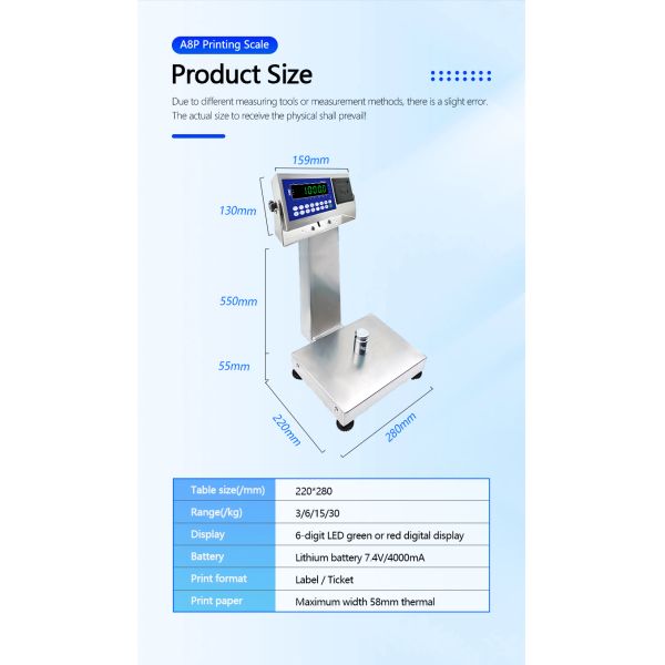 1 Advanced A8SP printing small platform scale square vertical bar 22cm*28cm 3kg capacity