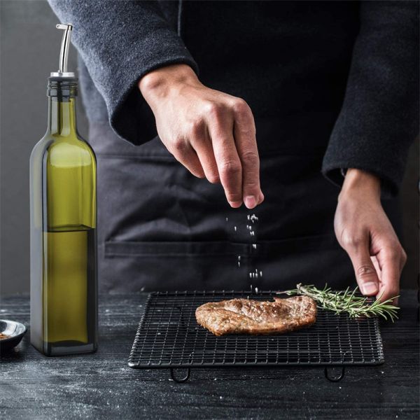 Glass Dark Green Kitchen Oil Bottle With Stainless Steel Spout Funnel Square 500ml 2pcs