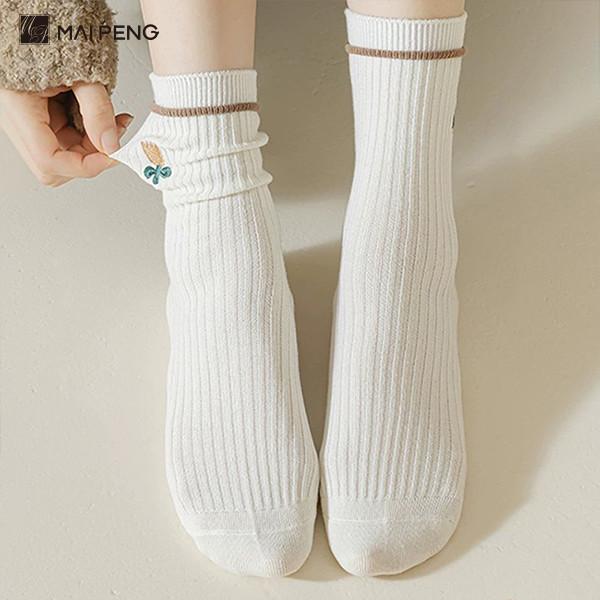 Solid Color Stripe Breathable Cotton Socks Flower Embroidery Crew Women Socks