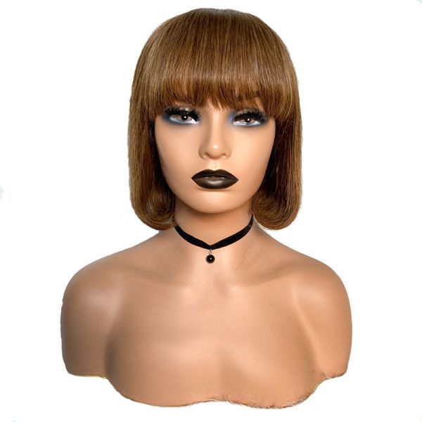 Short Virgin Brazilian Human Hair Bob Wigs with Bangs Remy Hair Grade Average Size Cap
