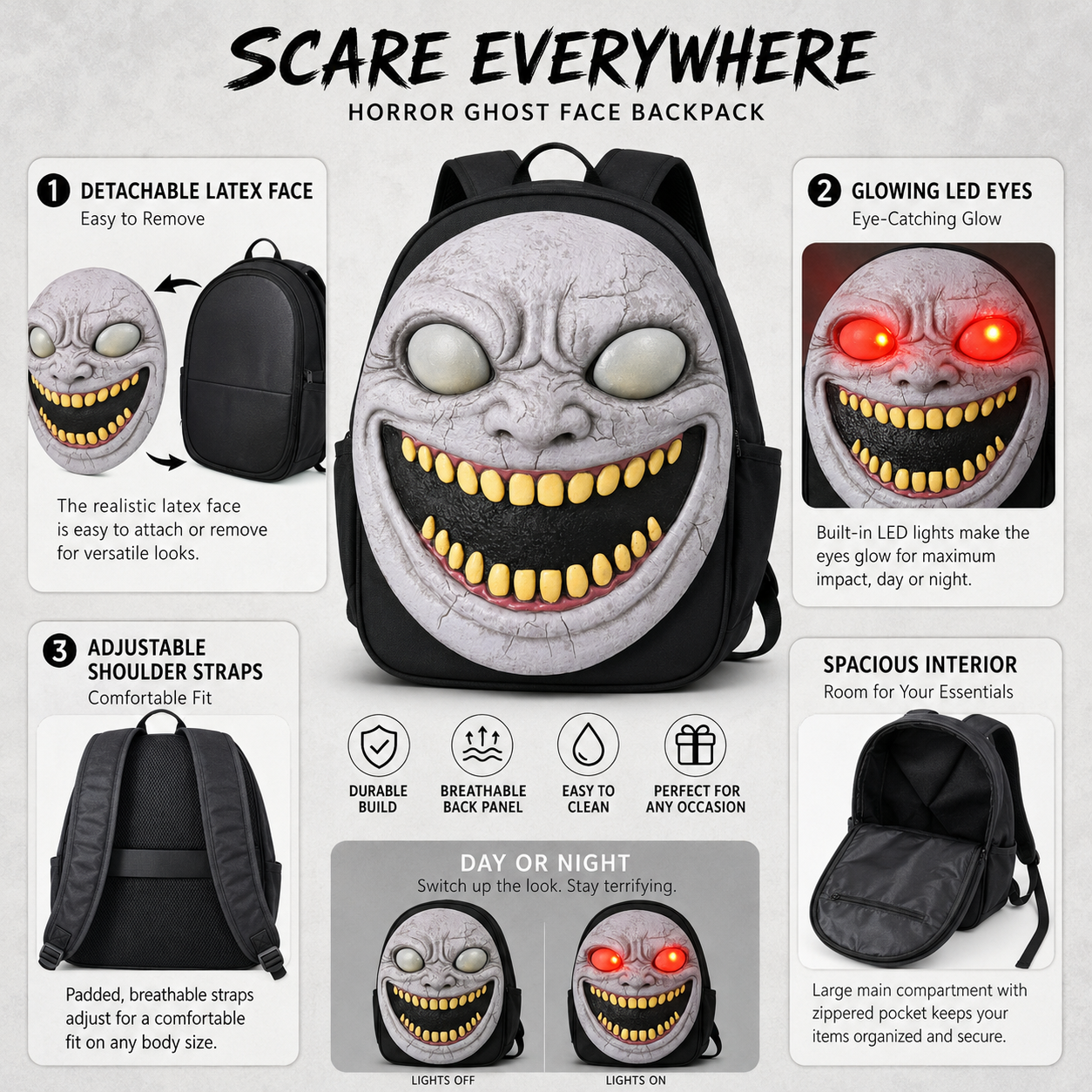 Horror Ghost Face Backpack with Detachable Latex Panel, LED Glowing Eyes, Adjustable Straps for Halloween Party Cosplay Travel