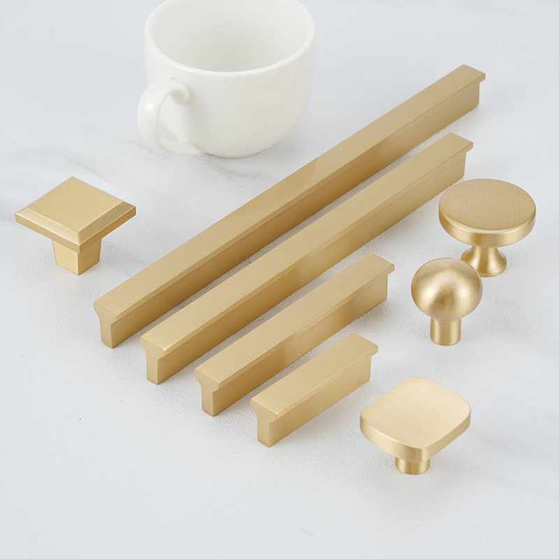 Modern Solid Brushed Brass T-Shaped Handle Brushed Gold Wardrobe Kitchen Cabinet Pull for Furniture Drawer Santaya Model 8801