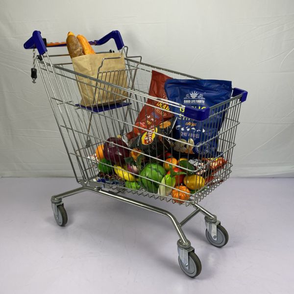 Стиль вагонетки голубого пластикового супермаркета частей ходя по магазинам изготовленный на заказ европейский с 4 колесами и замком PU