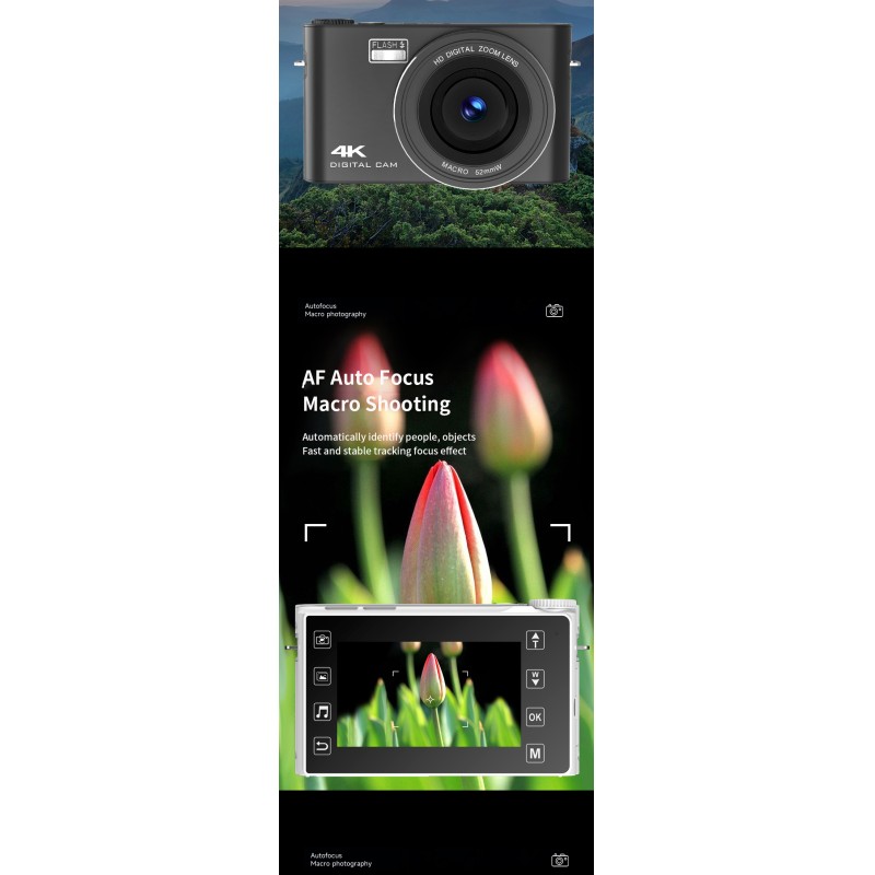 Newest HD 4K Digital Camera 3.0'' IPS Touch Screen with Flash Light and MP3 Function Student Camera for Photography