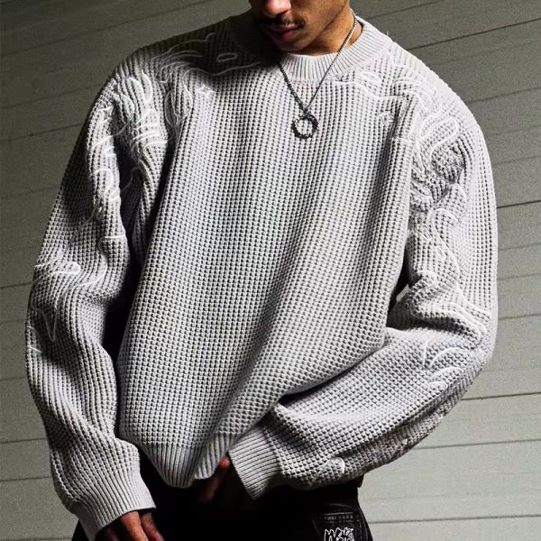 Custom Embroidery logo Knit Waffle Sweatshirt Men Plain Casual Eco-friendly Long Sleeve Pullover T-shirt Sweatshirt Manufacturer