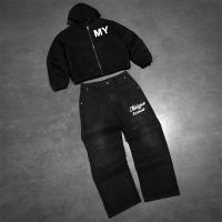 Traje de deporte a medida con cremallera de denim, sudadera con gorra, lavado con ácido de peso pesado, trajes de deporte de época, pantalones deportivos y chaqueta para hombres.