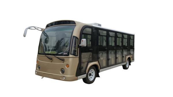 El autobús eléctrico de color marrón puede acomodar a 23 personas, el tipo de batería se puede seleccionar, el color y el LOGO se pueden personalizar, y tiene aire acondicionado incorporado