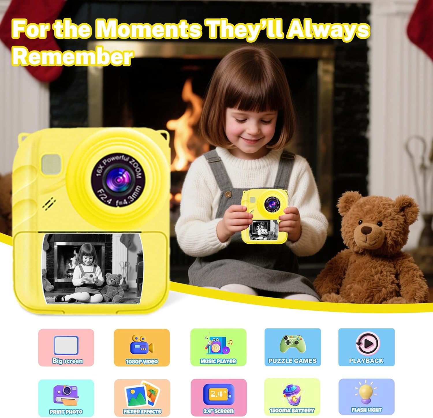 Instant Print Camera for Kids 1080P with Filter MicroSD Plastic Cute Cover Gift for Girls & Boys Age 3-12