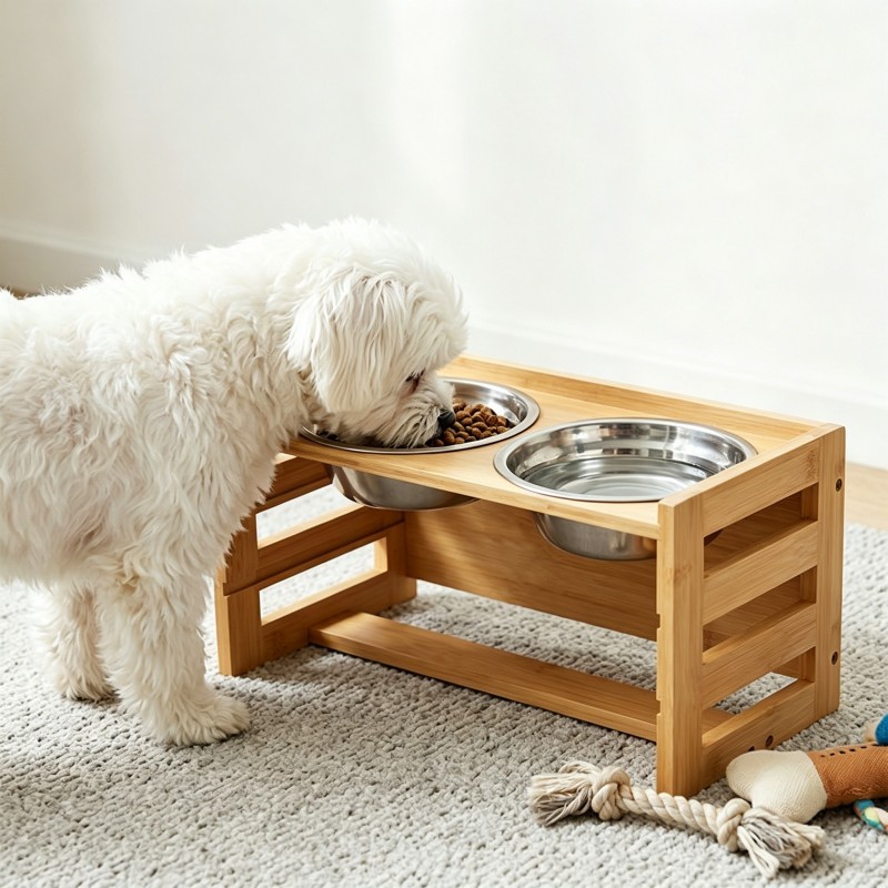 Height Adjustable Bamboo Elevated Dog Bowls Raised Pet Feeder Stand