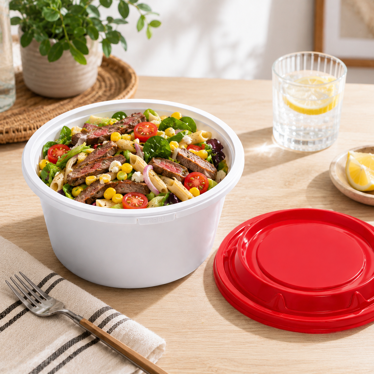 Snap Lock Wide PP Food Storage Bowl 1288ml with Red Secure Lid