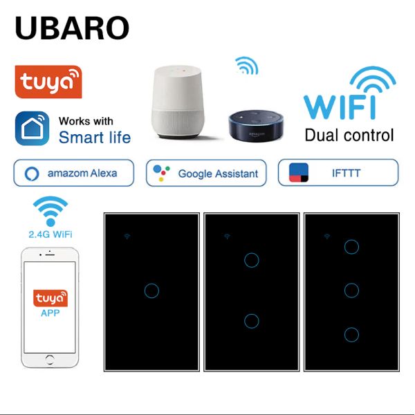 US Standard 2Gang Tuya App Remote Voice Control Smart WIFI Switch With Tempered Glass Panel Led Indicator