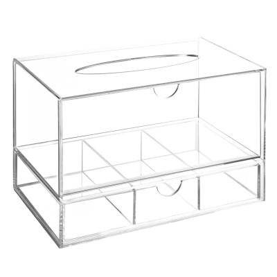 Multi Functional Acrylic Makeup Storage Box Lucite Tissue Box With Drawer And Lid