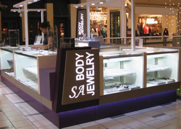 Easy Install Jewelry Showcase Kiosk Attractive Purple Color Coating Wooden Material