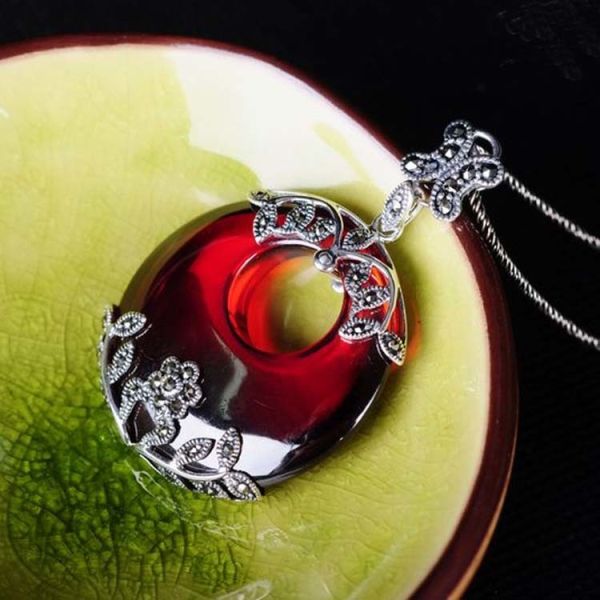 Thai Silver Garnet Pendant Necklace Marcasite Retro Jewelry(N11061RED)
